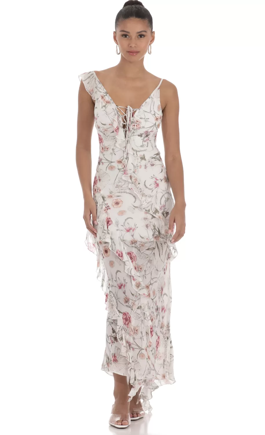 Floral Chiffon Ruffle Maxi Dress In White^LUCY IN THE SKY Outlet