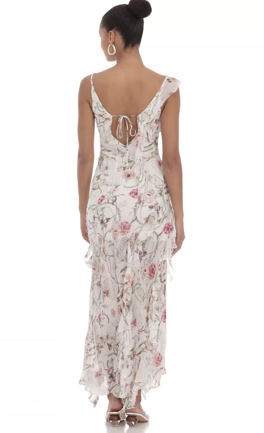 Floral Chiffon Ruffle Maxi Dress In White^LUCY IN THE SKY Outlet