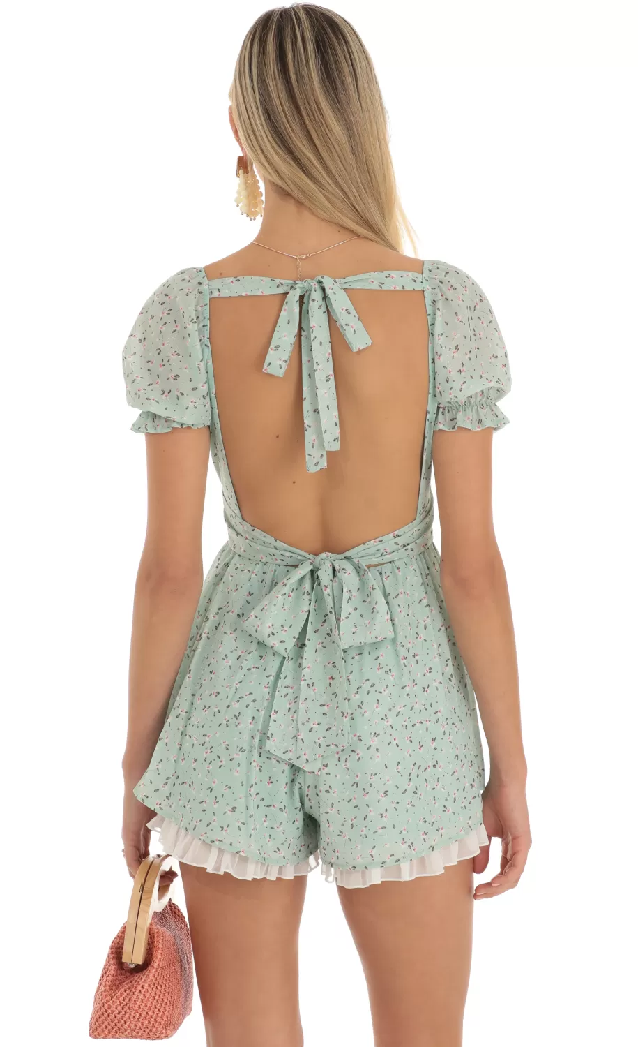 Floral Foiled Romper In Green^LUCY IN THE SKY Clearance