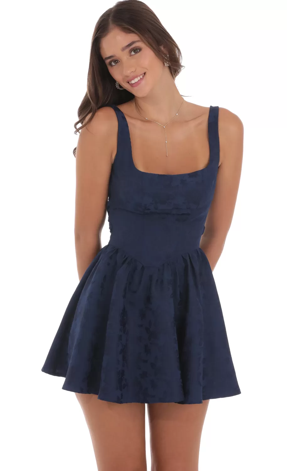 Floral Jacquard Open Back Bow Dress In Navy^LUCY IN THE SKY Discount