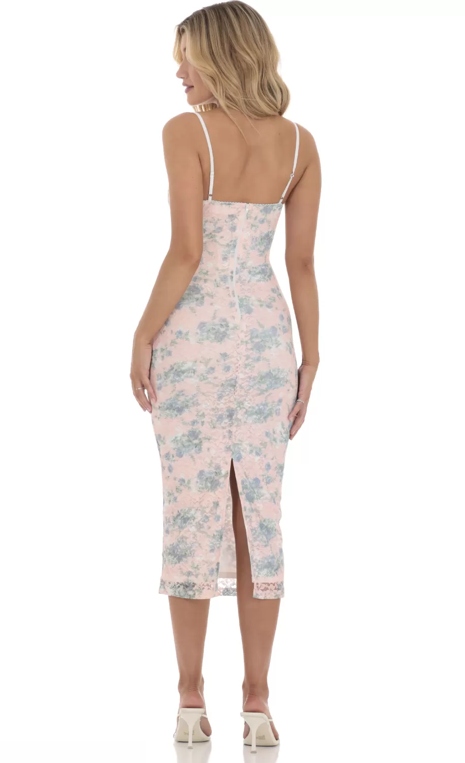 Floral Lace Bodycon Midi Dress In Pink^LUCY IN THE SKY Clearance