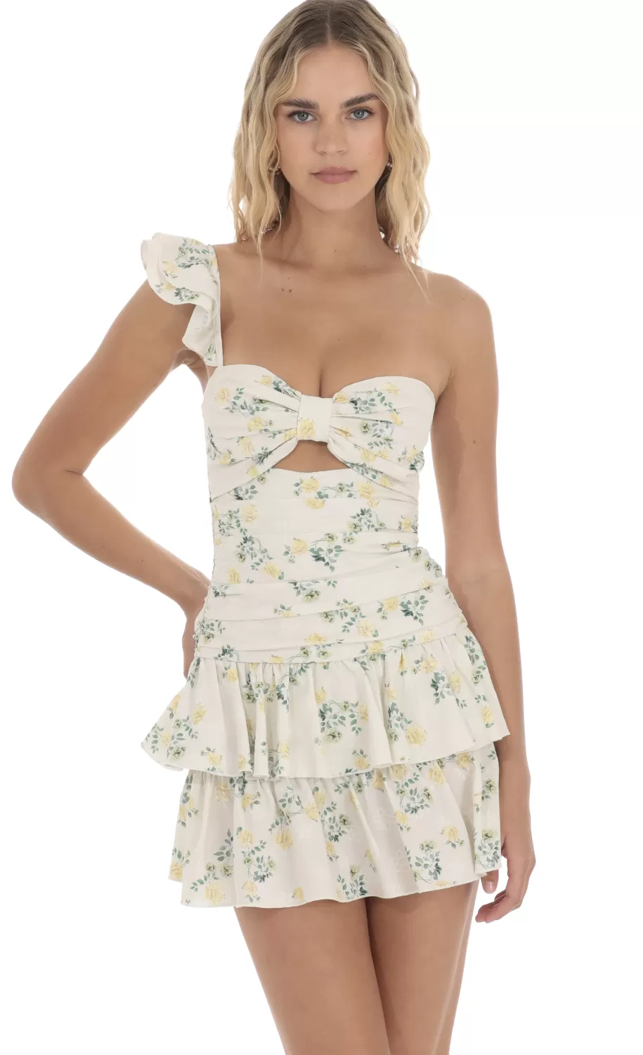 Floral One Shoulder Cutout Dress In Off White^LUCY IN THE SKY Fashion