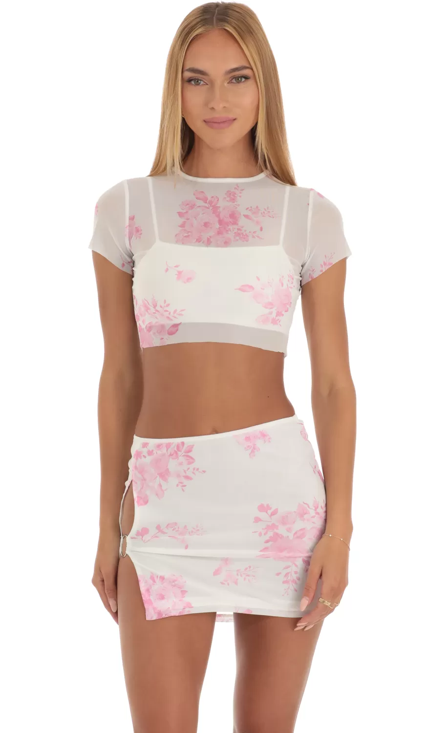 Floral Print Mesh Two Piece Set In White^LUCY IN THE SKY Fashion