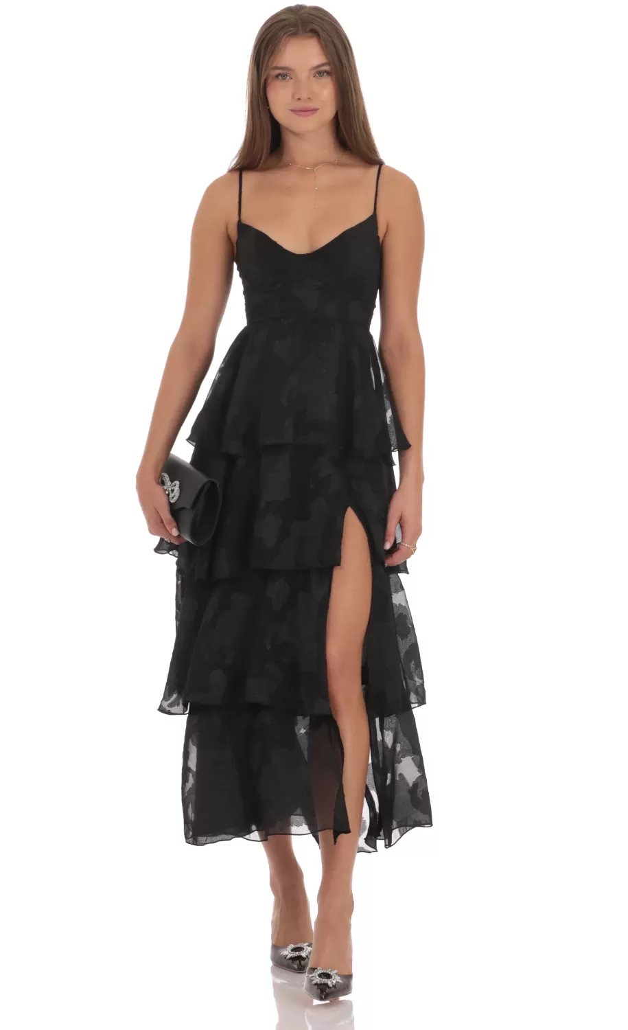 Floral Ruffle A-line Maxi Dress In Black^LUCY IN THE SKY Best Sale