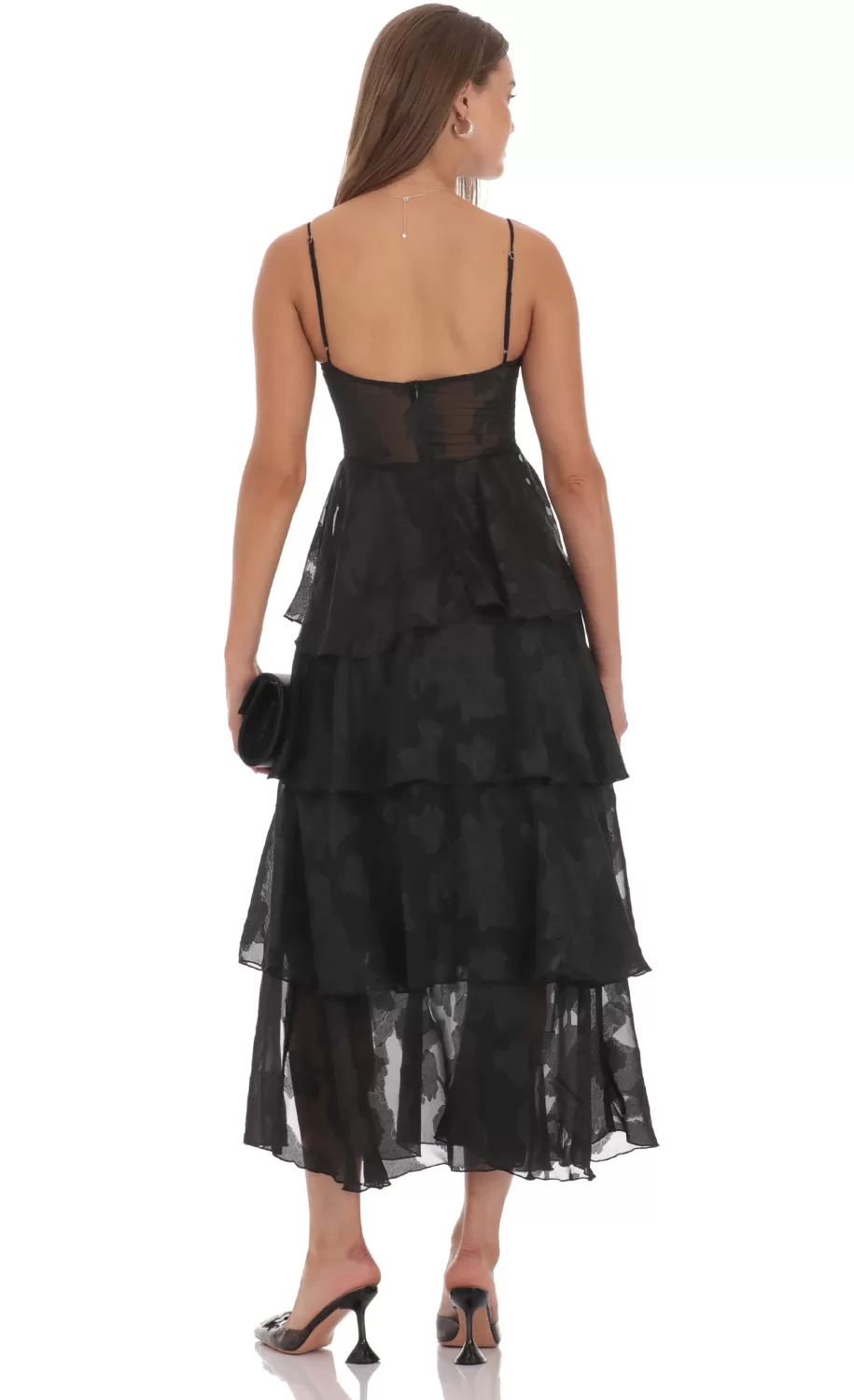 Floral Ruffle A-line Maxi Dress In Black^LUCY IN THE SKY Best Sale