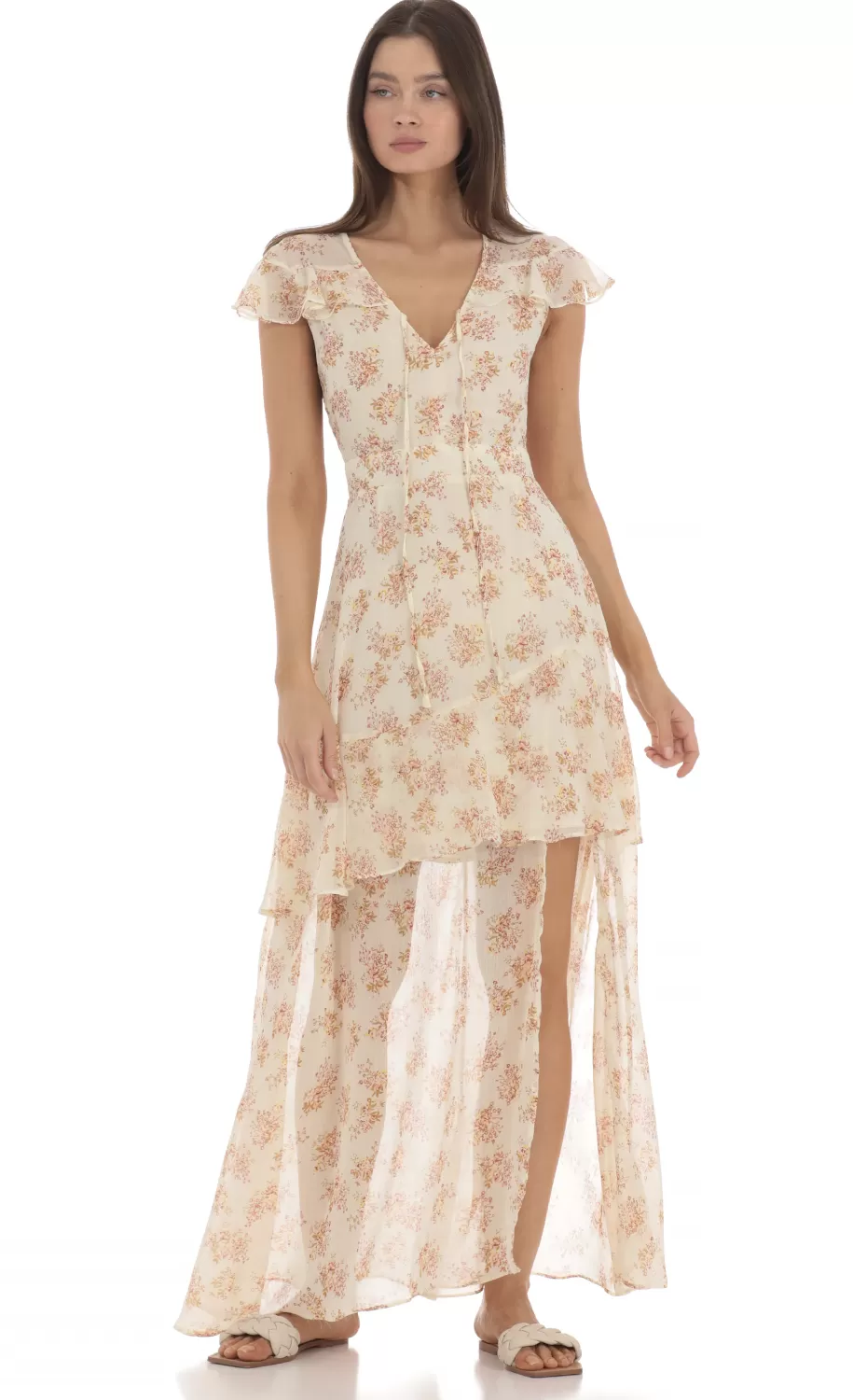 Floral Shimmer Ruffle Dress In Yellow^LUCY IN THE SKY Outlet