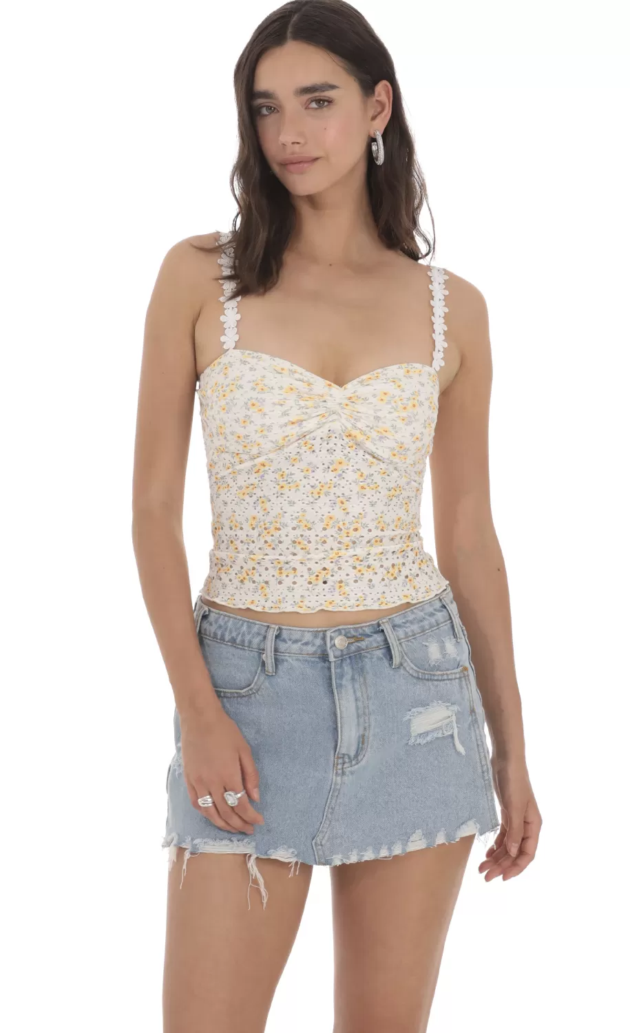 Floral Strap Eyelet Top In White And Yellow^LUCY IN THE SKY Best