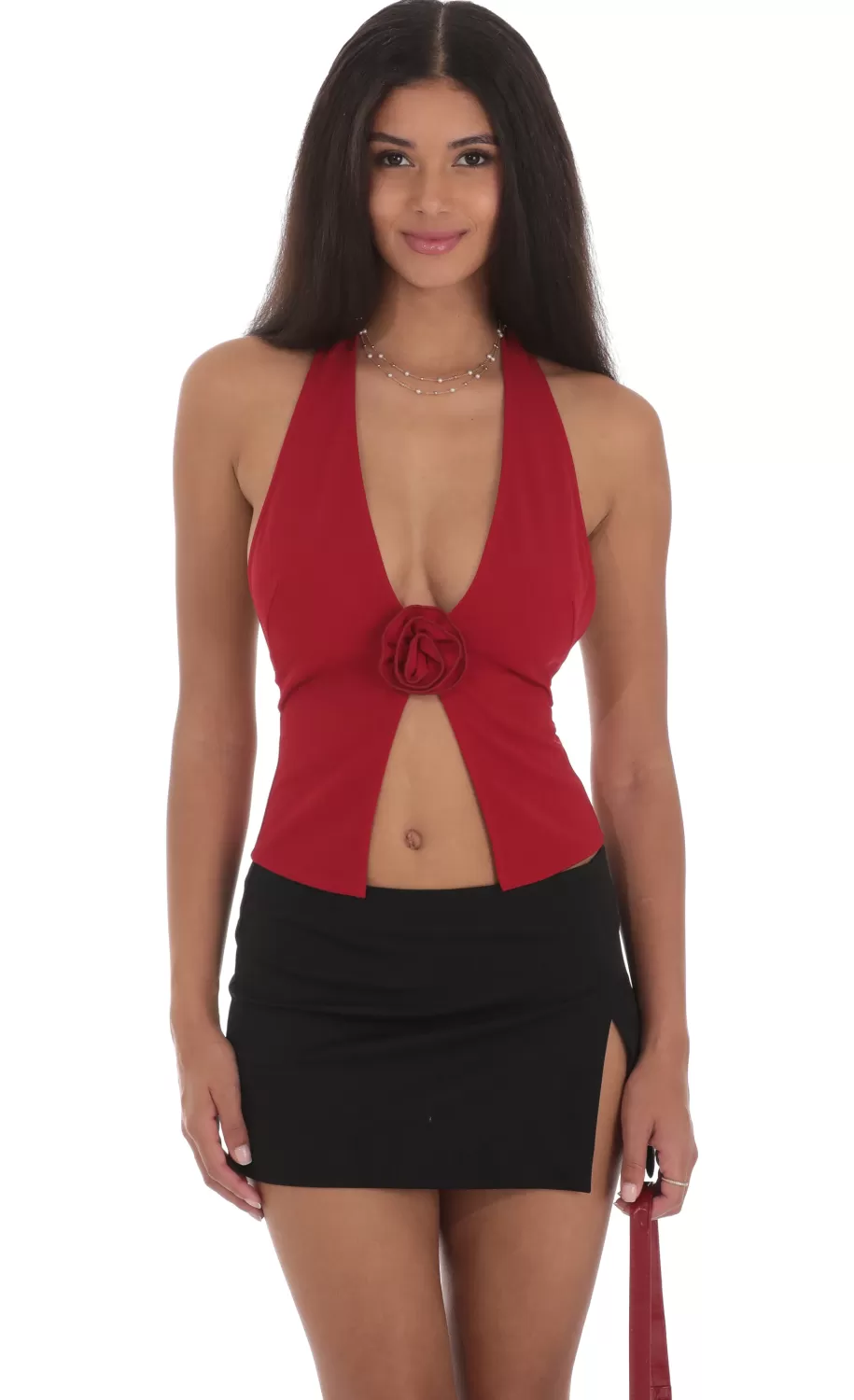 Flower Plunge Neck Top In Red^LUCY IN THE SKY Hot