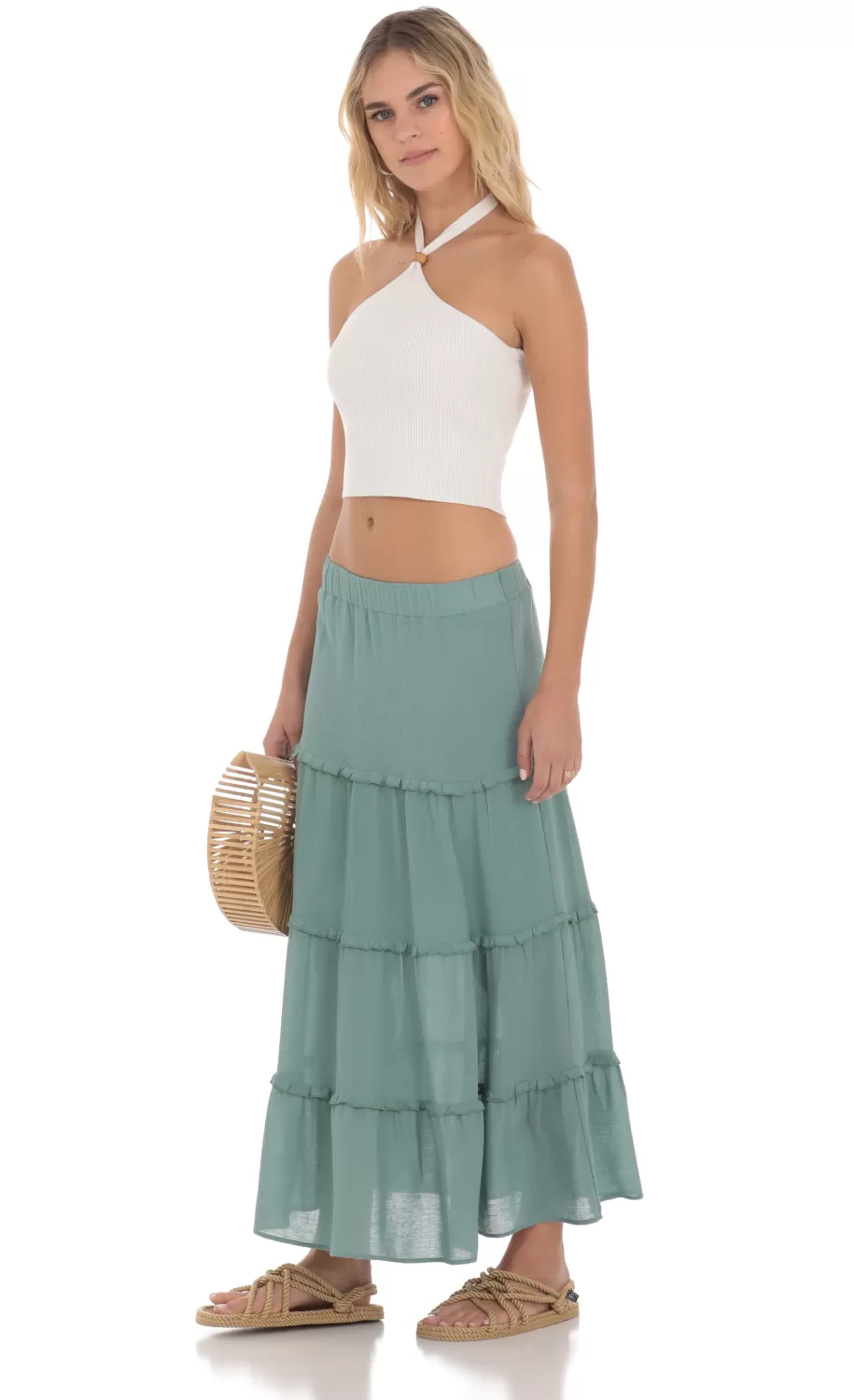 Flowy Maxi Skirt In Sage Blue^LUCY IN THE SKY Hot