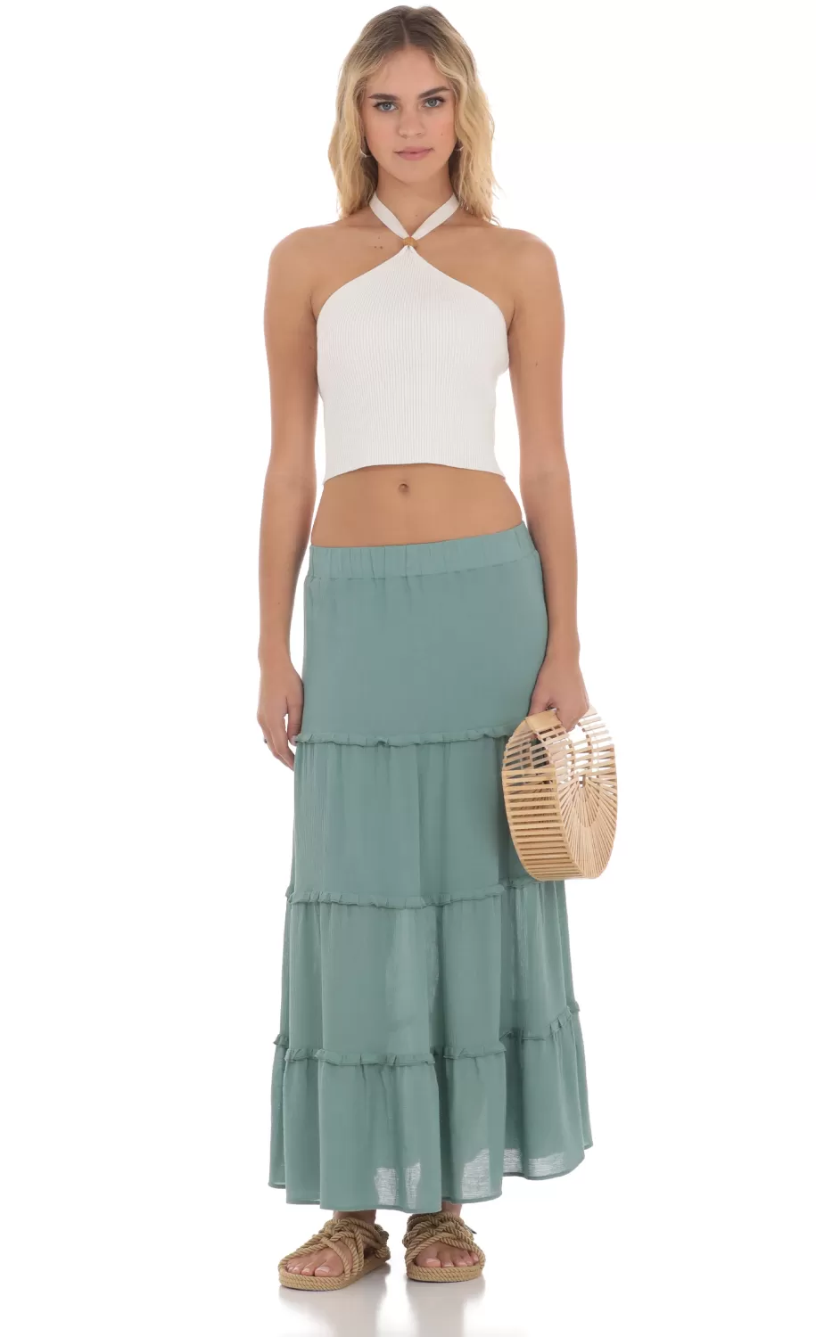 Flowy Maxi Skirt In Sage Blue^LUCY IN THE SKY Hot