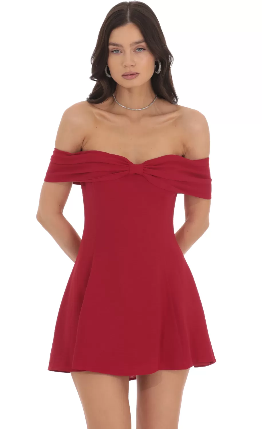 Front Bow Off Shoulder Dress In Red^LUCY IN THE SKY New