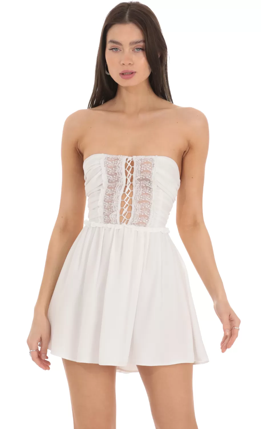 Front Lace Chiffon Strapless Dress In White^LUCY IN THE SKY Flash Sale