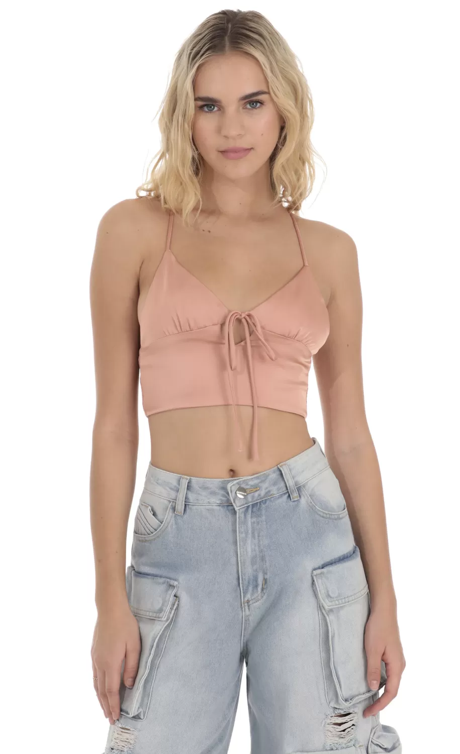 Front Tie Satin Top In Apricot^LUCY IN THE SKY New