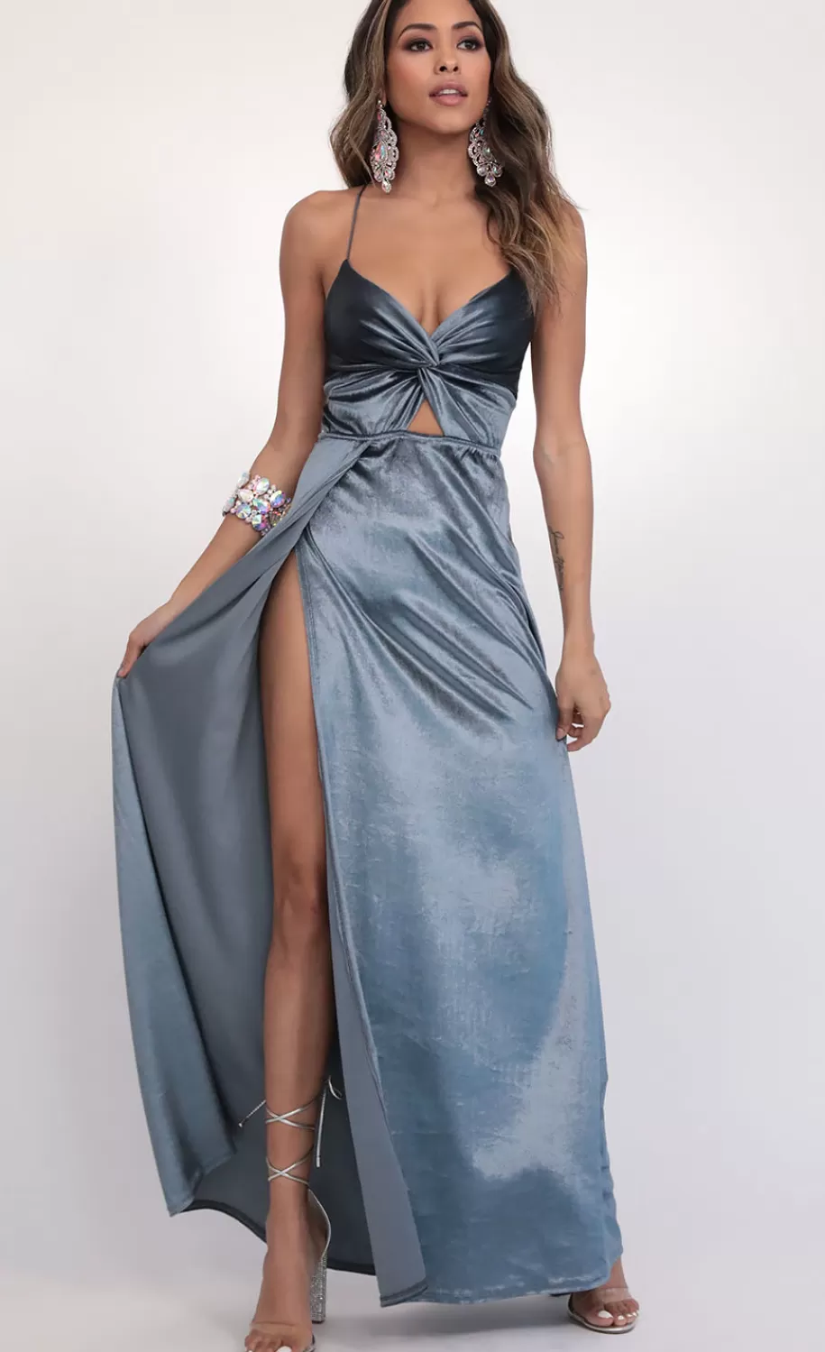 Front Twist Velvet Maxi In Teal^LUCY IN THE SKY New