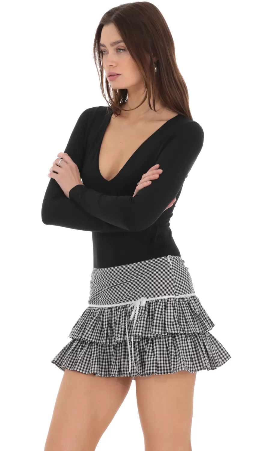 Gingham Ruffle Skirt In Black And White^LUCY IN THE SKY Hot