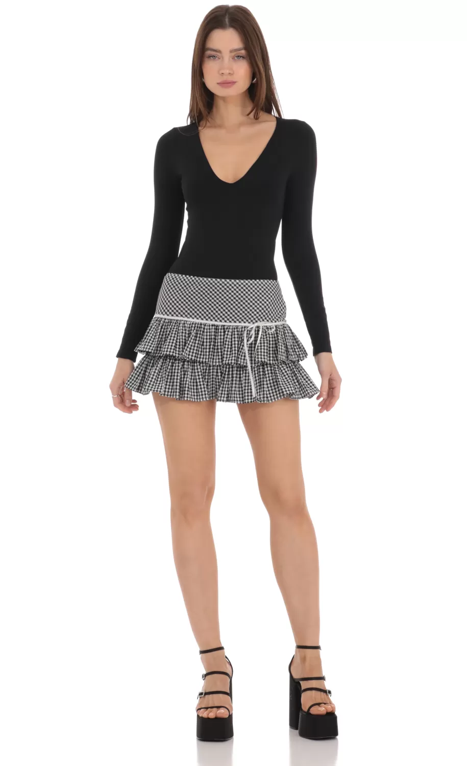 Gingham Ruffle Skirt In Black And White^LUCY IN THE SKY Hot