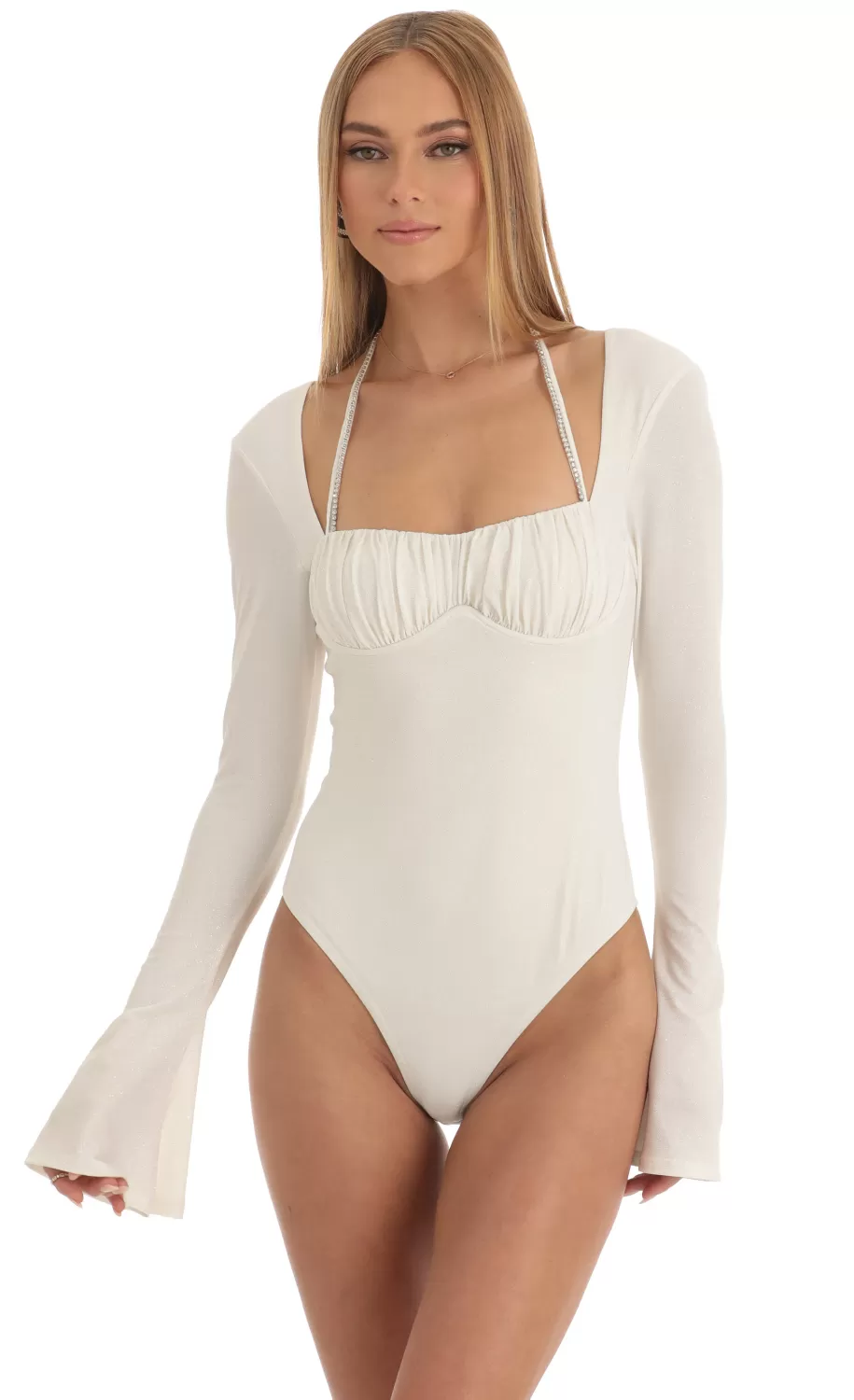 Glitter Flare Long Sleeve Bodysuit In White^LUCY IN THE SKY Flash Sale