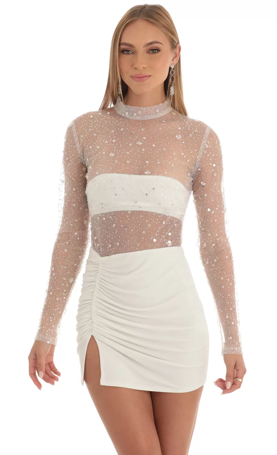 Glitter Sheer Dress In White^LUCY IN THE SKY Store