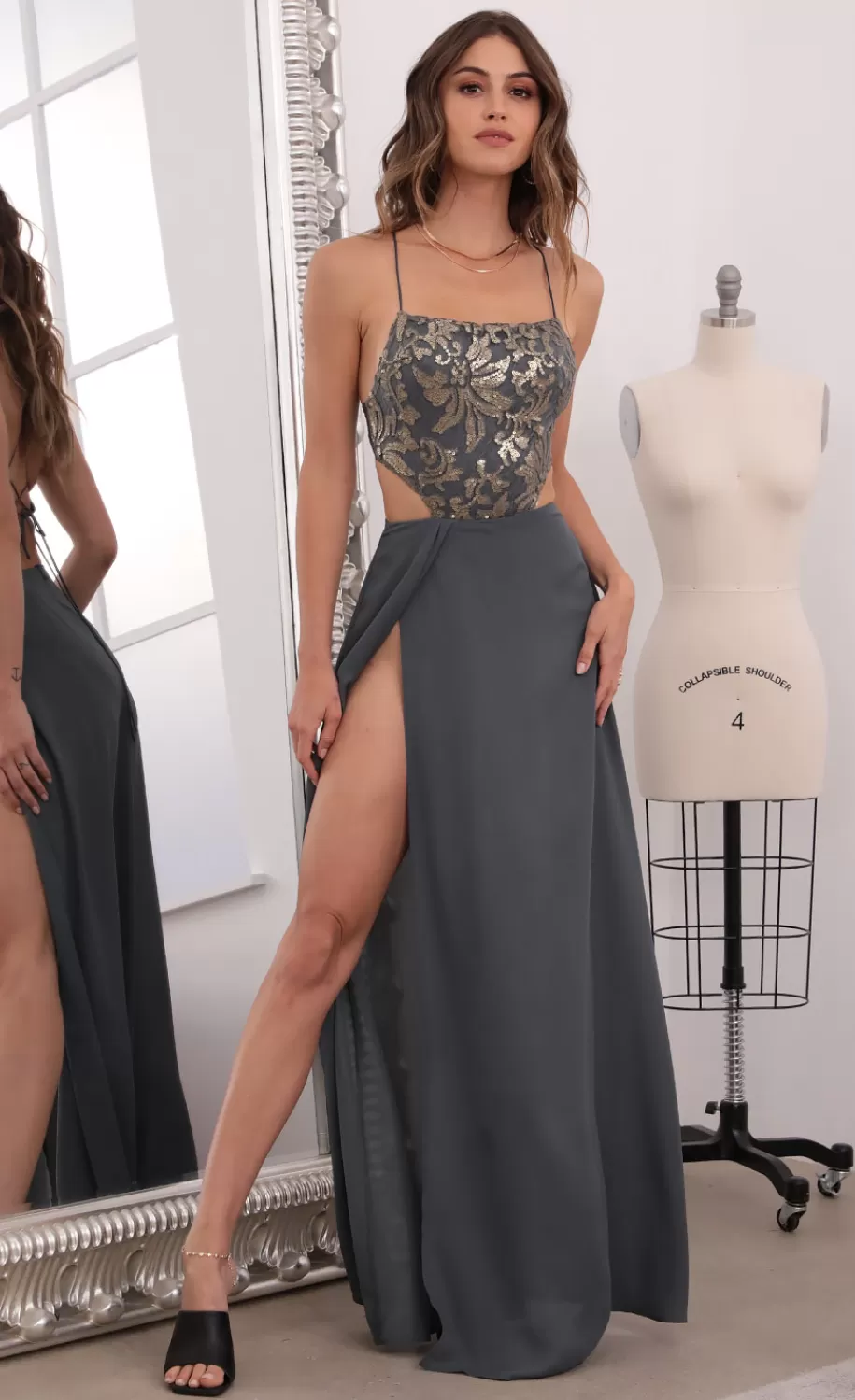 Gold Lace Maxi Dress In Olive^LUCY IN THE SKY Store