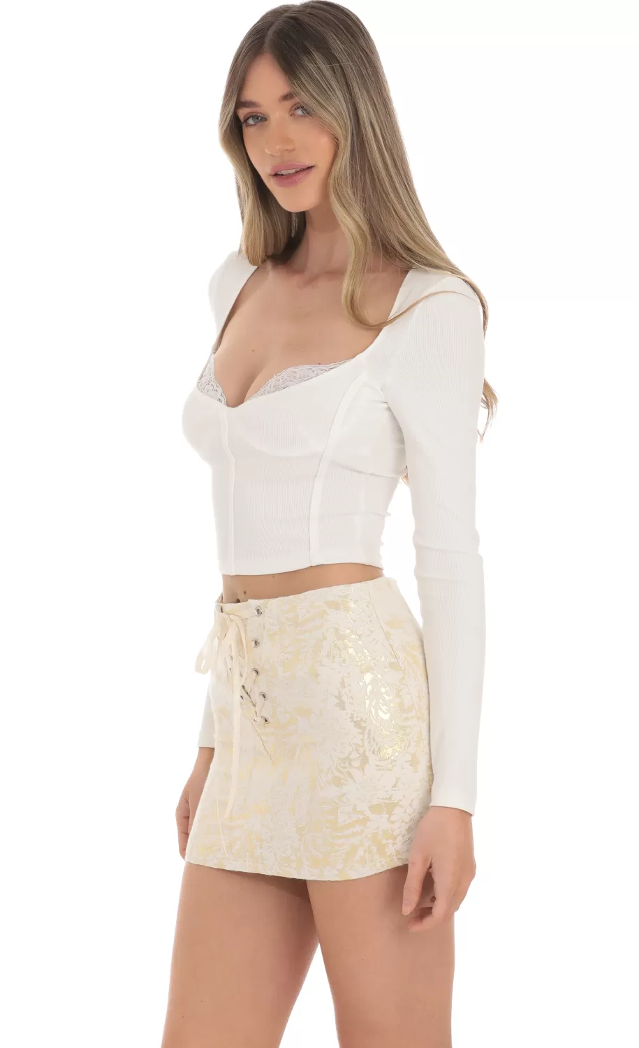 Gold Shimmer Ribbon Skirt In Cream^LUCY IN THE SKY Outlet