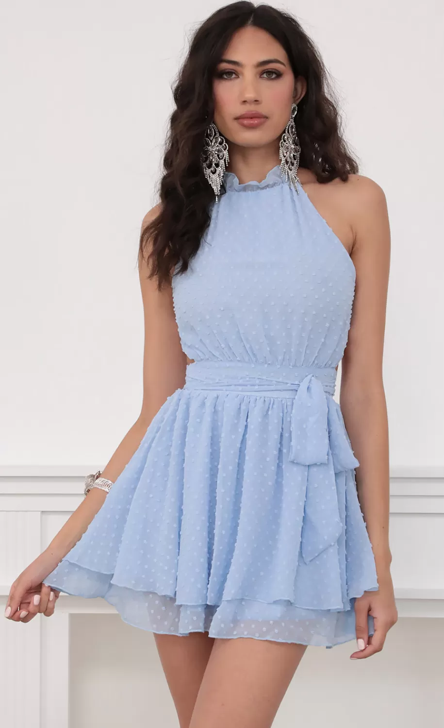 Halter Chiffon Dress In Blue Dots^LUCY IN THE SKY New