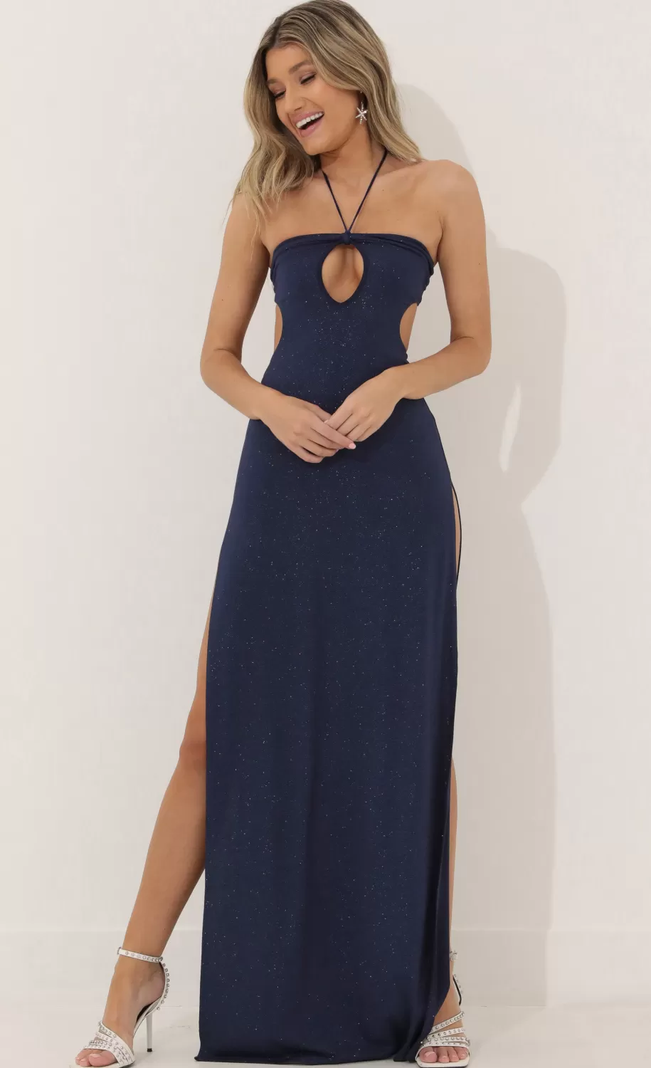 Halter Maxi Dress In Blue Shimmer^LUCY IN THE SKY Clearance