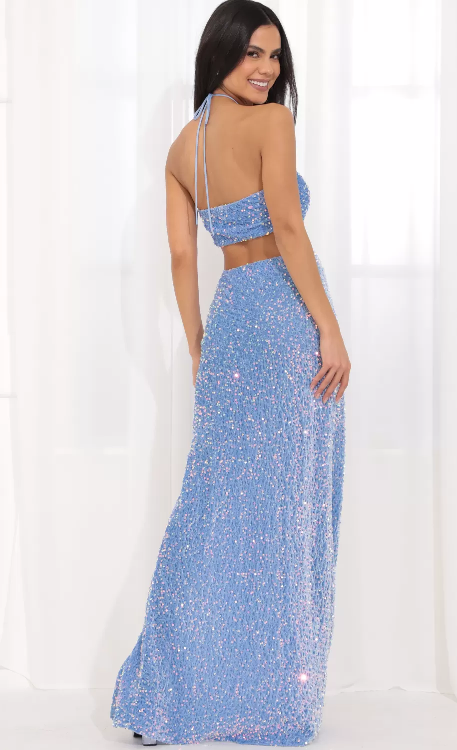 Halter Sequin Maxi Dress In Blue^LUCY IN THE SKY Clearance