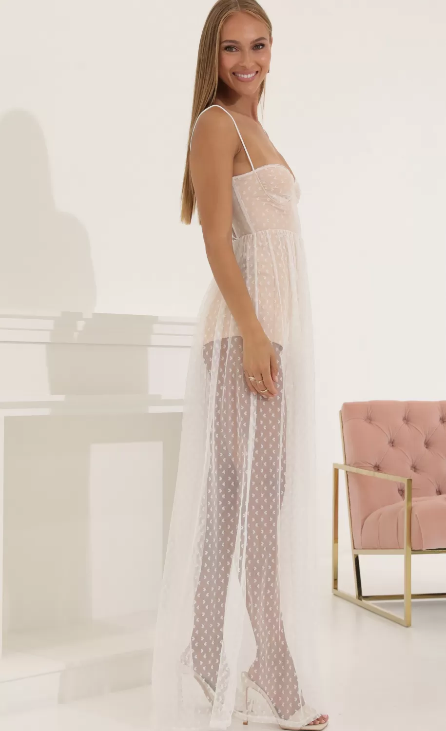 Heart Tulle Corset Maxi Dress In White^LUCY IN THE SKY Fashion