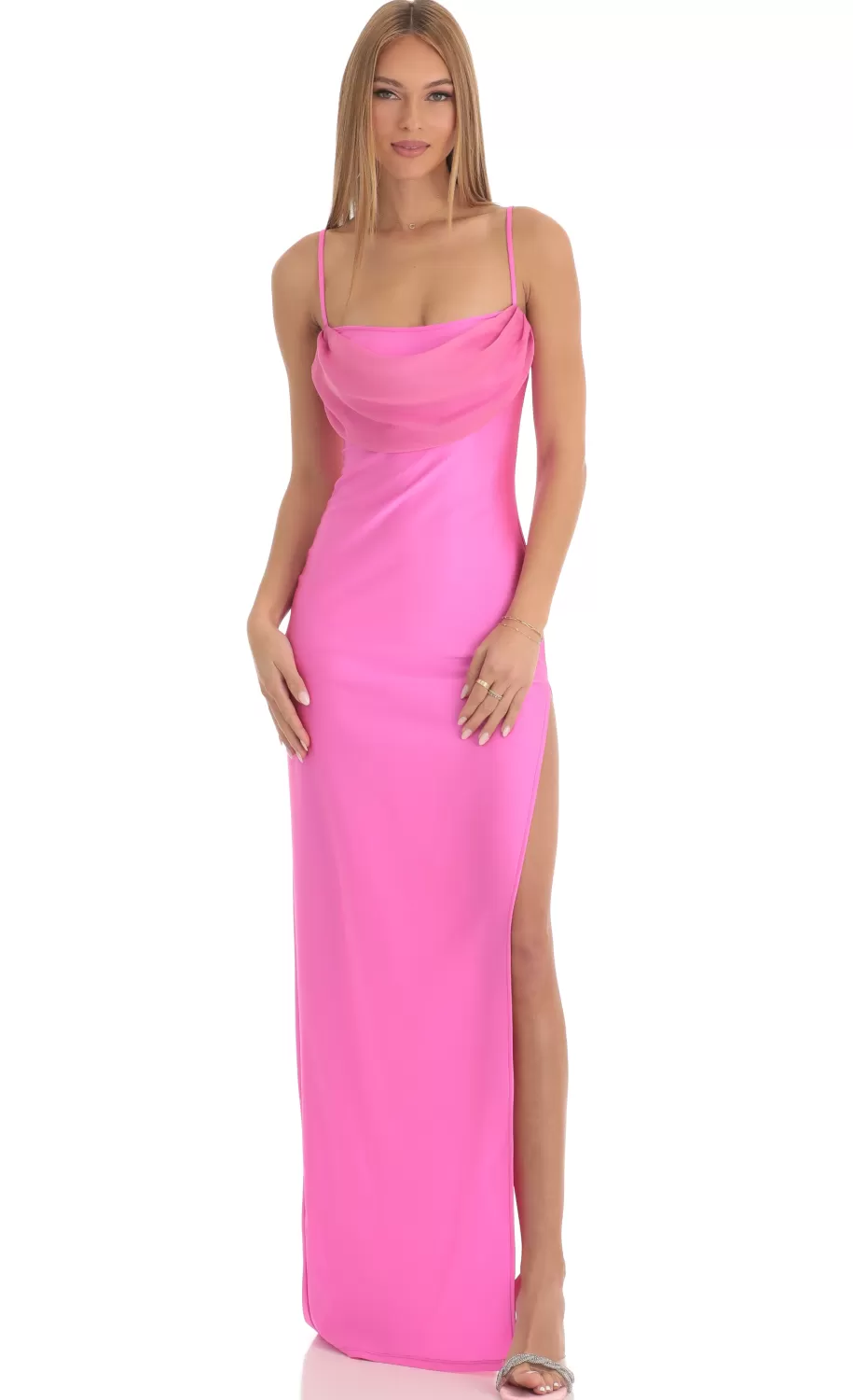 High Slit Cowl Neck Maxi Dress In Hot Pink^LUCY IN THE SKY Outlet