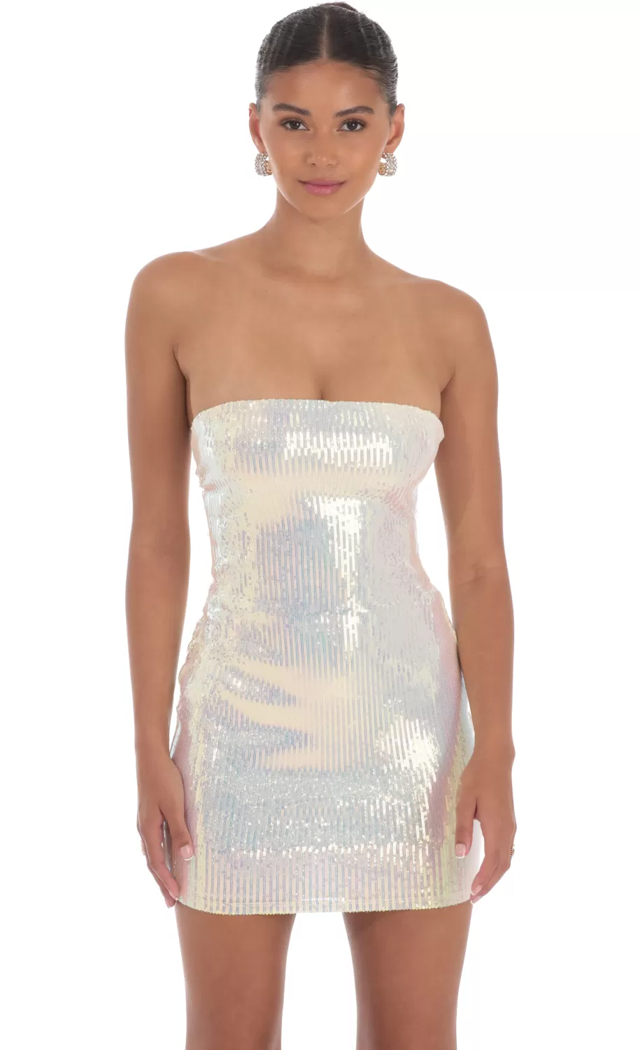 Iridescent Seqiun Strapless Bodycon Dress In Cream^LUCY IN THE SKY Clearance
