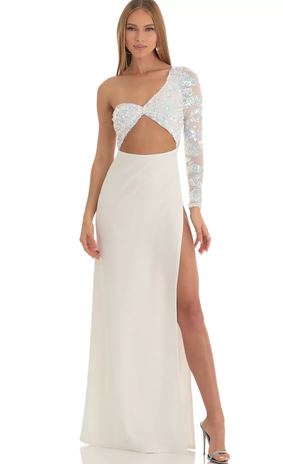 Iridescent Sequin One Shoulder Maxi Dress In White^LUCY IN THE SKY Best Sale