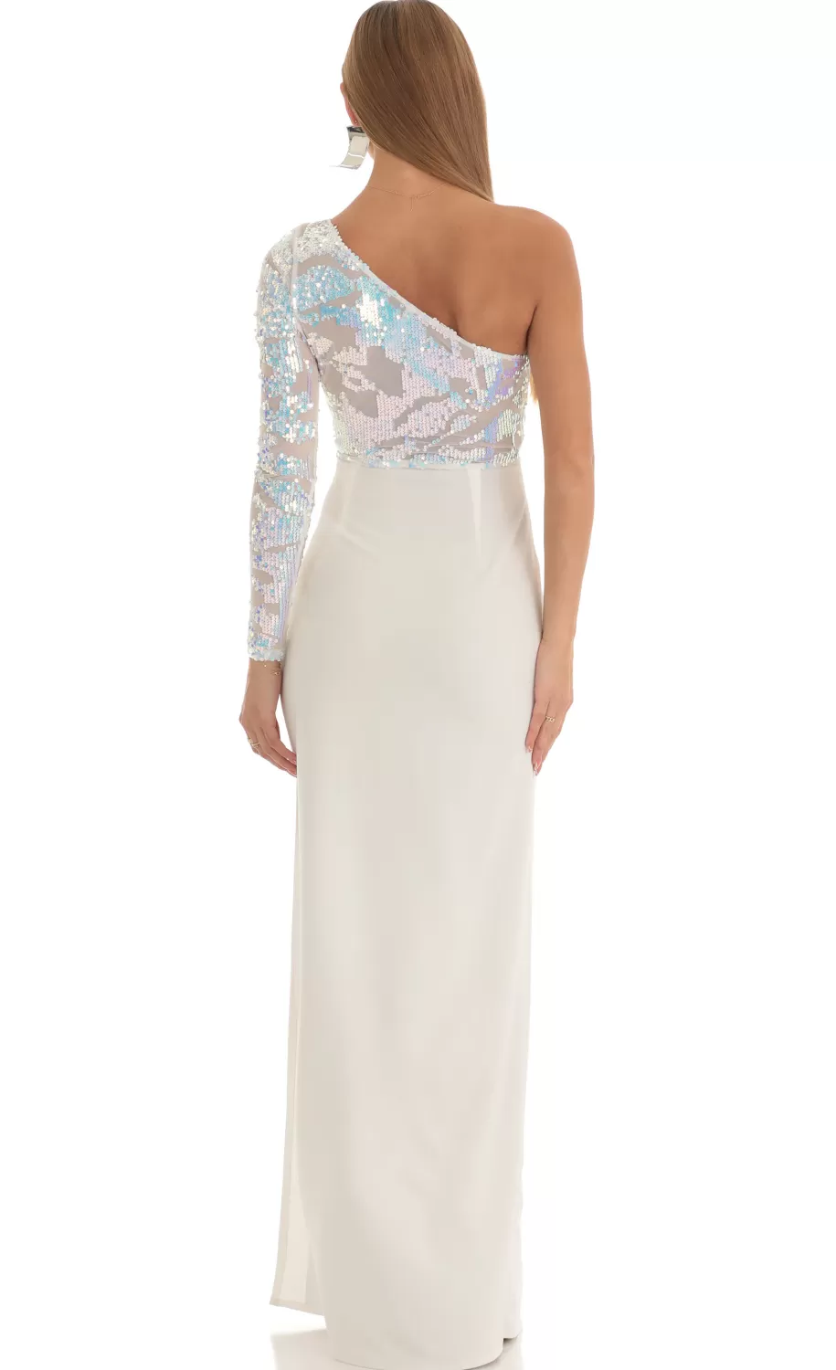 Iridescent Sequin One Shoulder Maxi Dress In White^LUCY IN THE SKY Best Sale