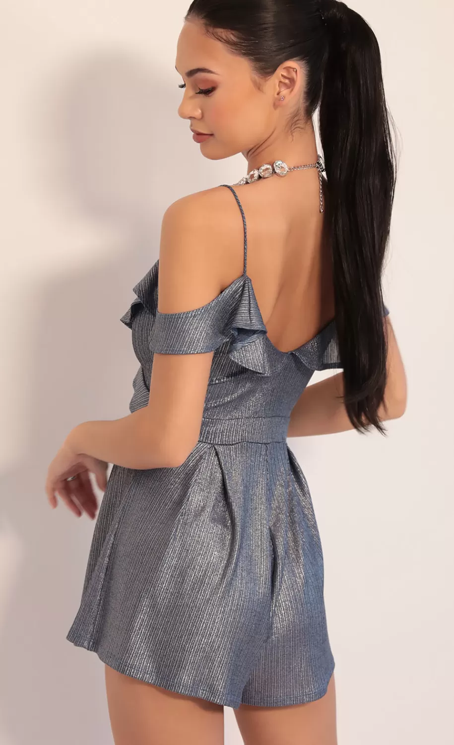 Isabella Metallic Ruffle Romper In Denim Blue^LUCY IN THE SKY Hot