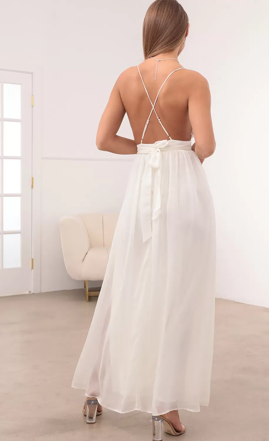 Ivory Chiffon Slit Maxi Dress^LUCY IN THE SKY New