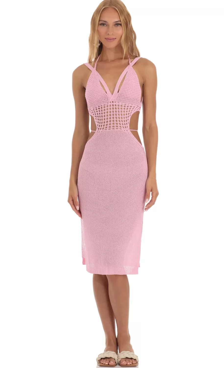 Ixora Crochet Cutout Midi Dress In Pink^LUCY IN THE SKY New