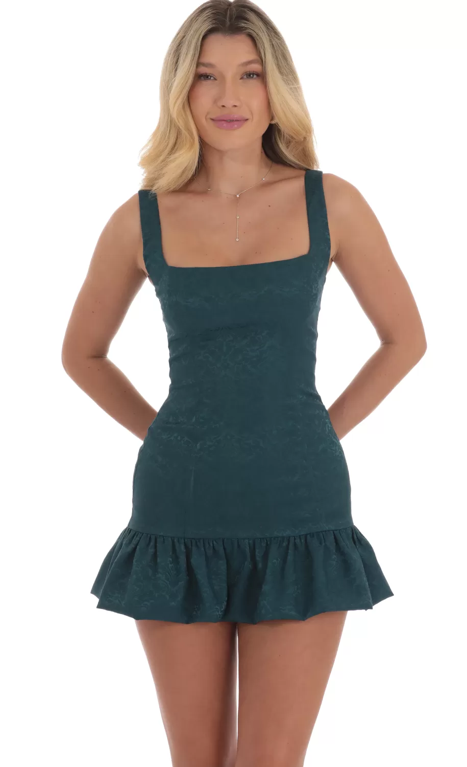 Jacquard Bubble Ruffle Dress In Teal^LUCY IN THE SKY Online