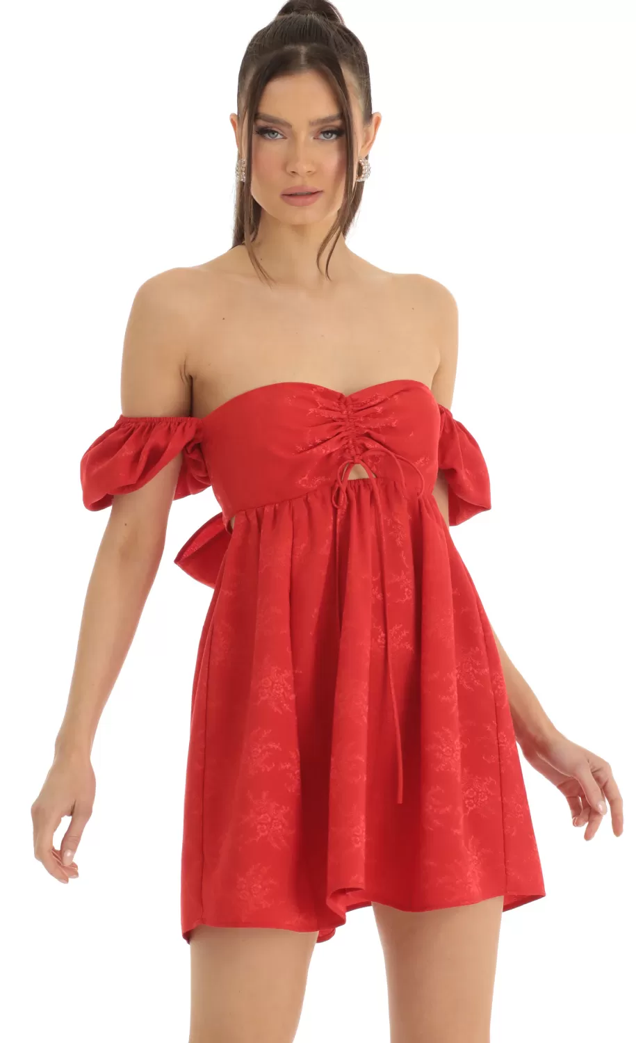 Jacquard Puff Sleeve Baby Doll Dress In Red^LUCY IN THE SKY New