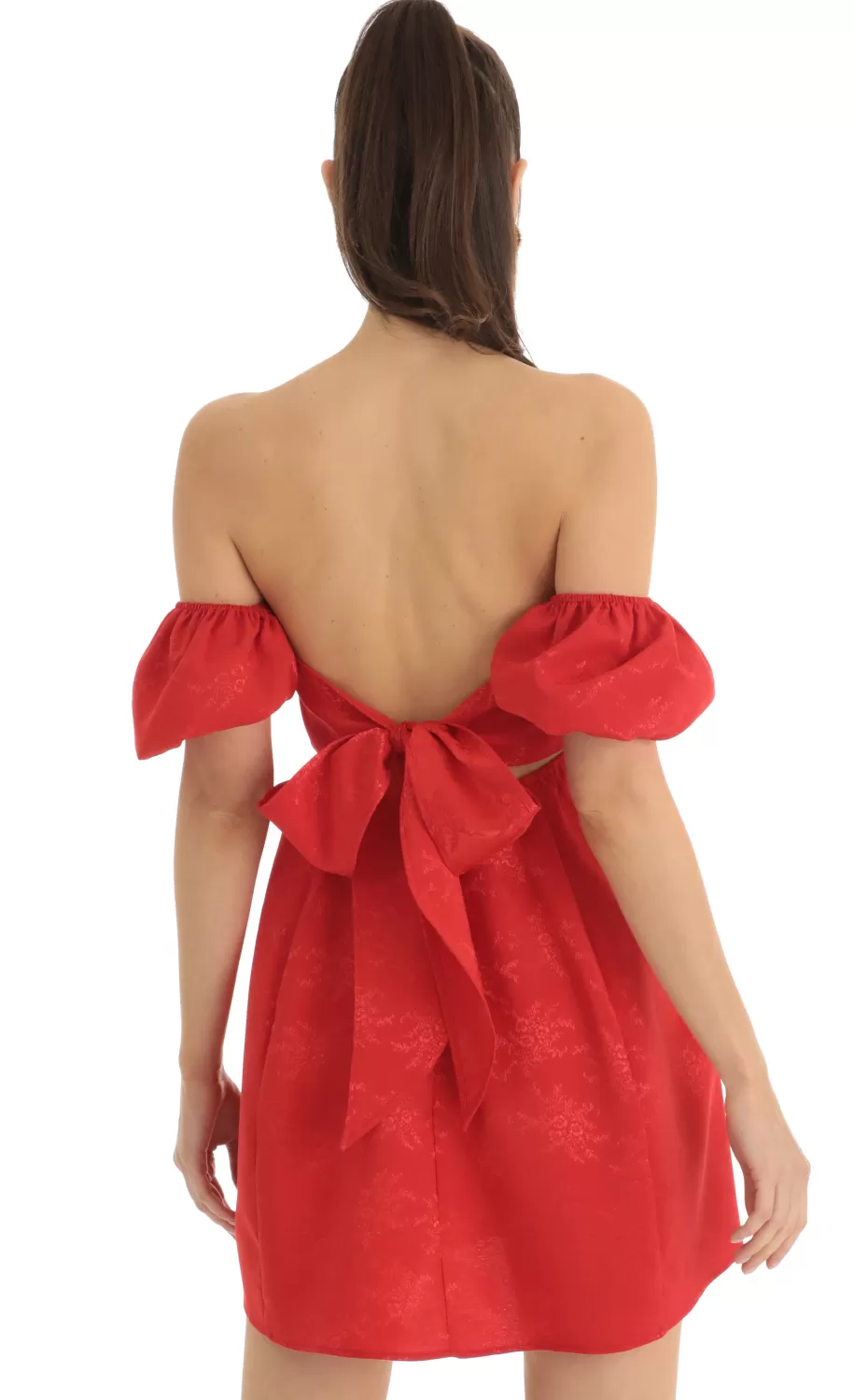 Jacquard Puff Sleeve Baby Doll Dress In Red^LUCY IN THE SKY New