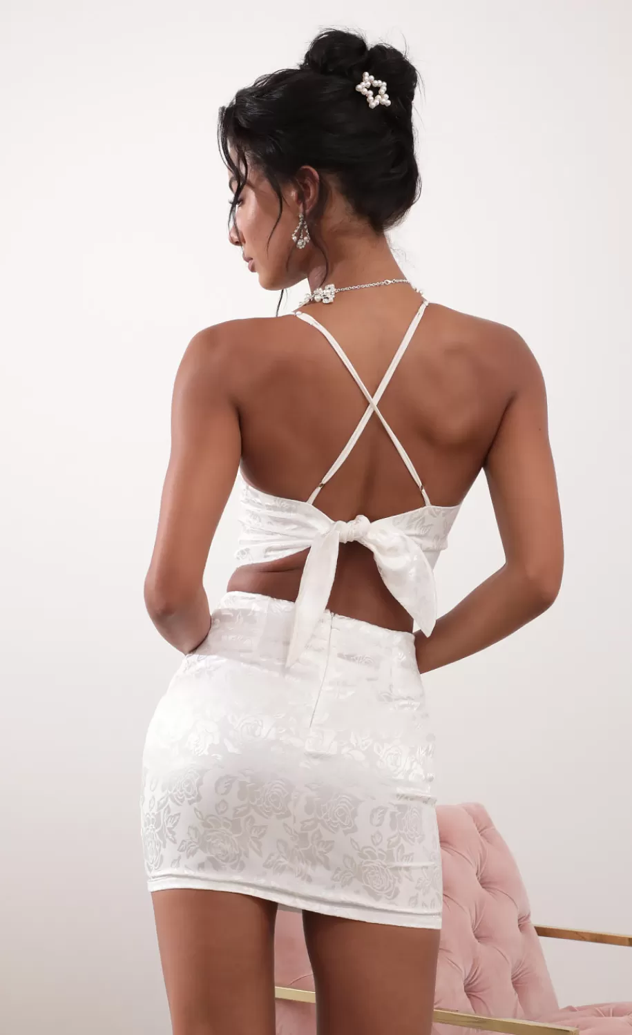 Jacquard Satin Set In White^LUCY IN THE SKY Fashion