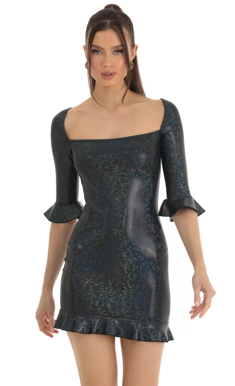 Jovi Holographic Bodycon Dress In Black Multi^LUCY IN THE SKY Best