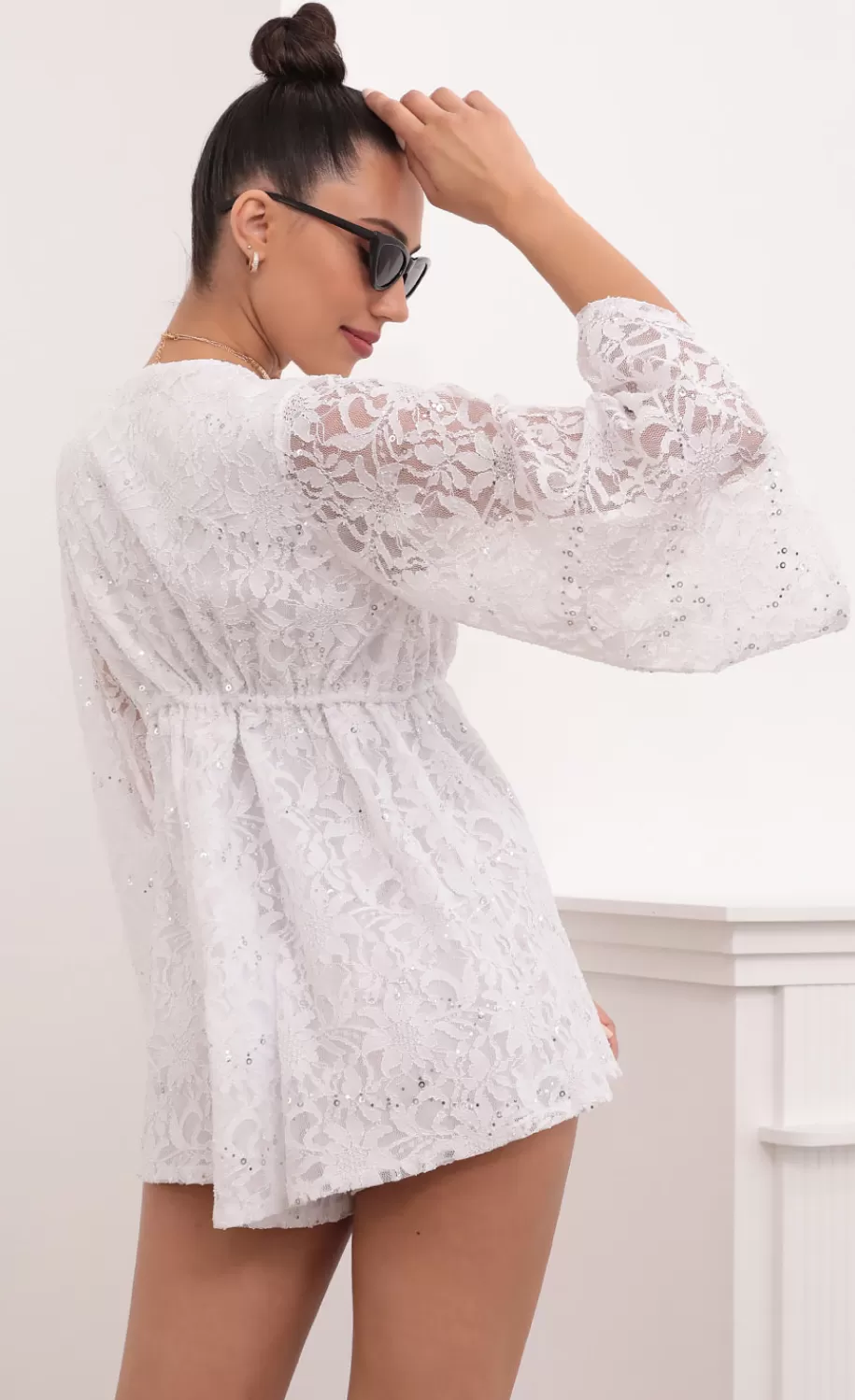 Kadee Bell Sleeve Romper In White Sequined Lace^LUCY IN THE SKY Outlet