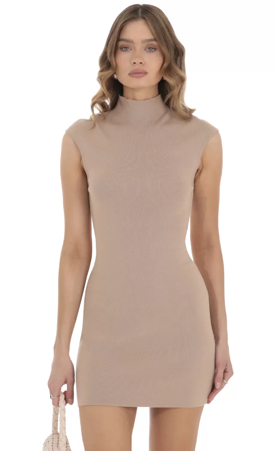 Knit Mock Neck Dress In Tan^LUCY IN THE SKY Store