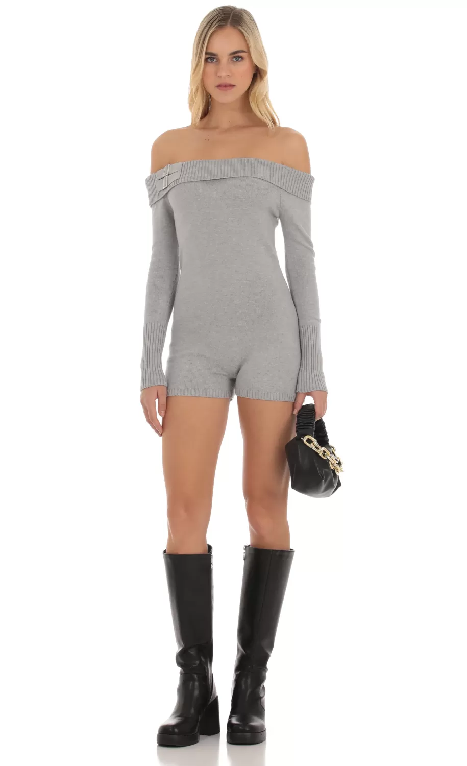 Knit Off Shoulder Romper In Grey^LUCY IN THE SKY Sale