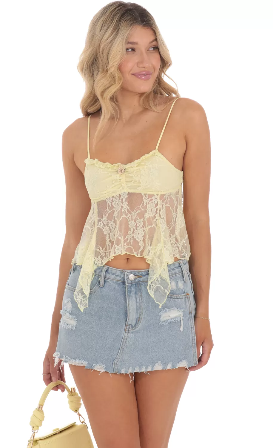 Lace Babydoll Top In Yellow^LUCY IN THE SKY Clearance