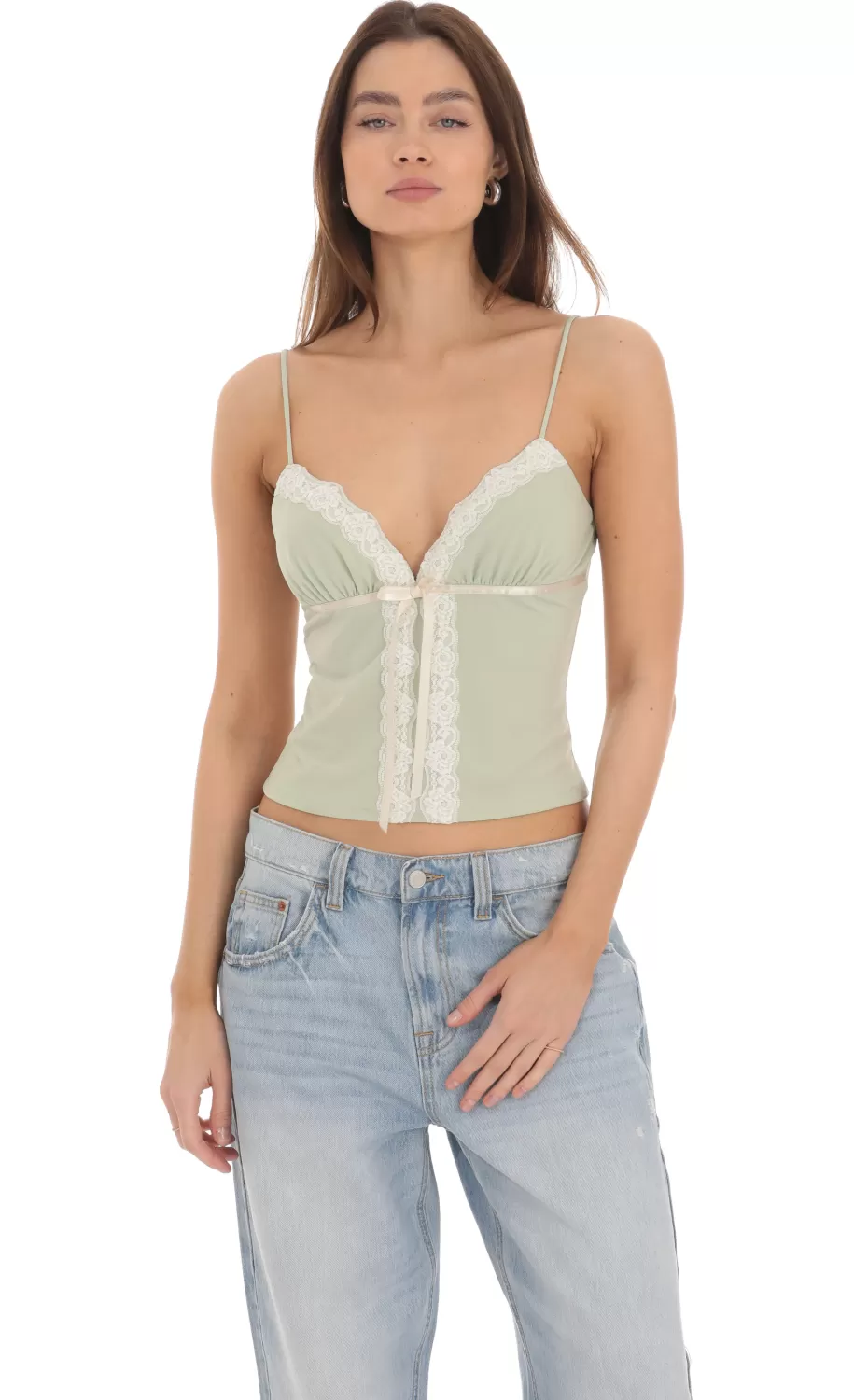 Lace Bow Top In Sage^LUCY IN THE SKY Shop