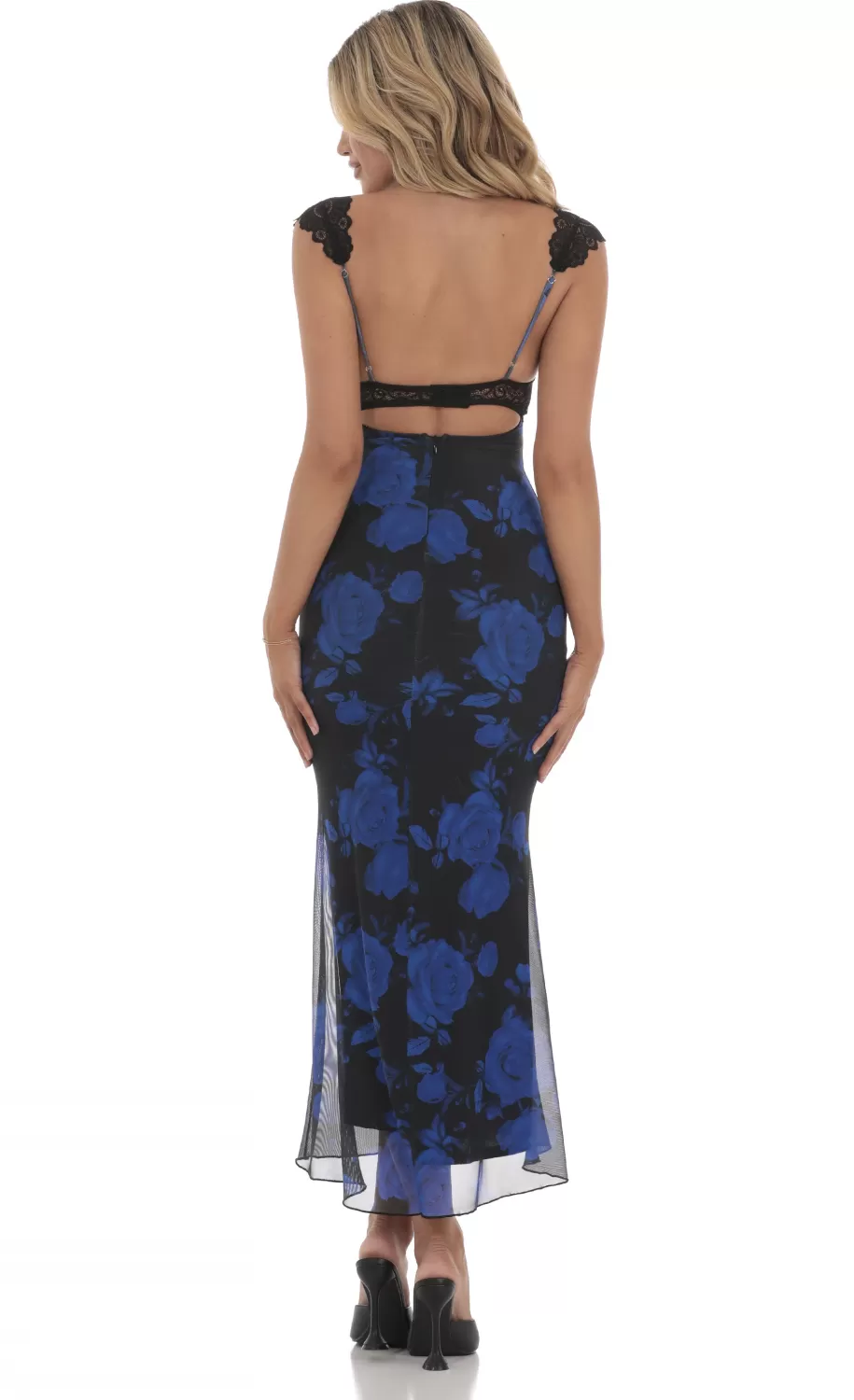 Lace Cutout Floral Maxi Dress In Black And Blue^LUCY IN THE SKY Flash Sale