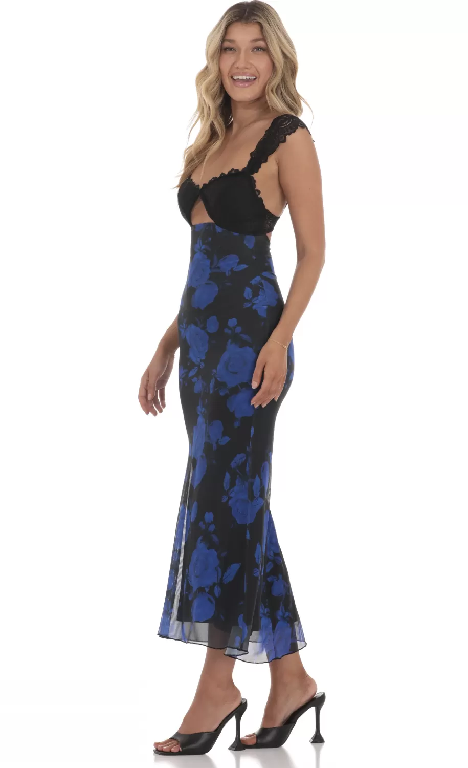 Lace Cutout Floral Maxi Dress In Black And Blue^LUCY IN THE SKY Flash Sale