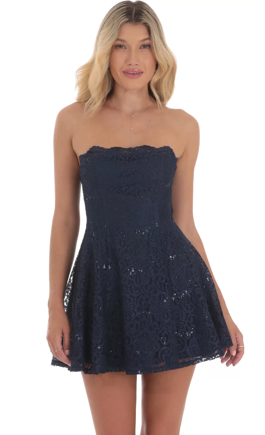 Lace Glitter Sequin Strapless Dress In Navy^LUCY IN THE SKY Sale