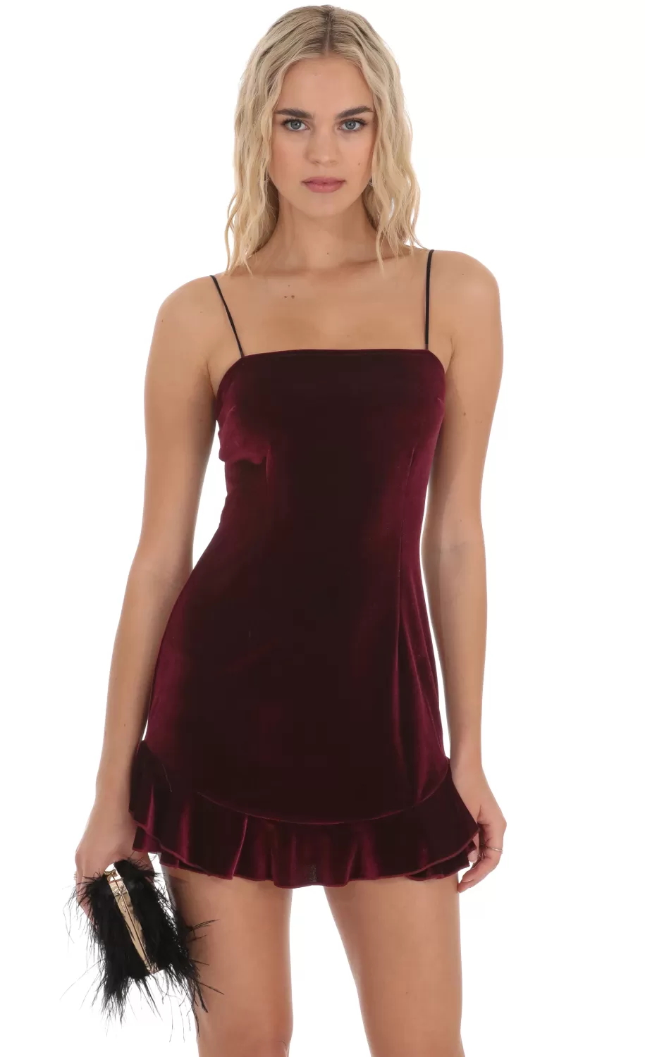 Lace Hook Velvet Ruffle Dress In Burgundy^LUCY IN THE SKY Fashion