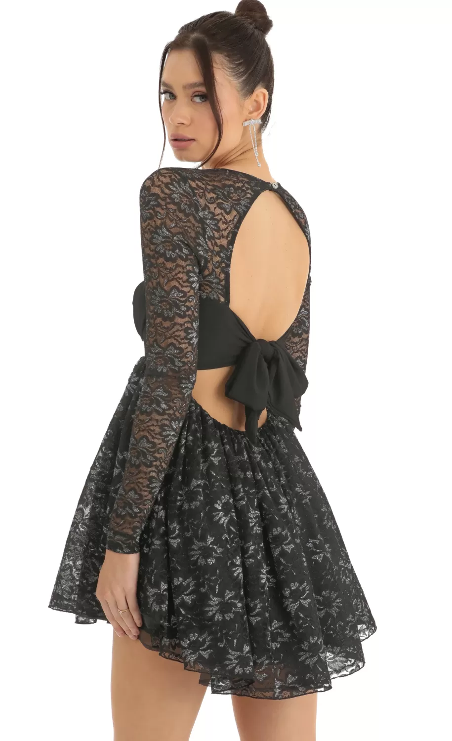 Lace Long Sleeve Baby Doll Dress In Black^LUCY IN THE SKY Shop